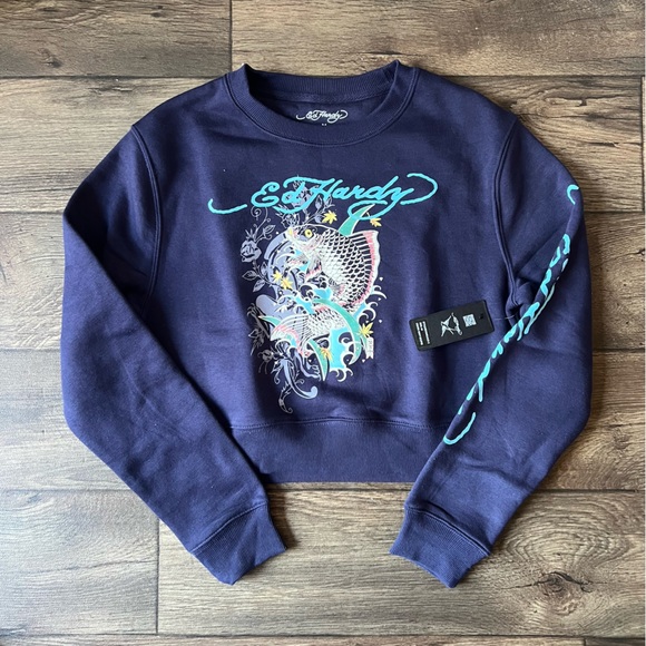 Ed Hardy Women's Koi Navy Eclipse Cropped Sweater Blue Size Medium - Picture 1 of 7